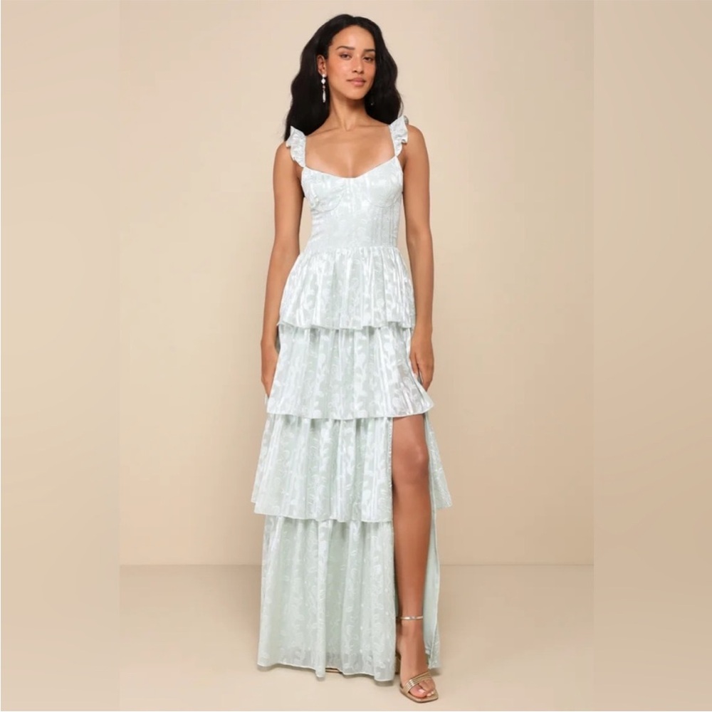 Lulus Stunning Glory Floral Jacquard Tiered Maxi Dress in Sage Green